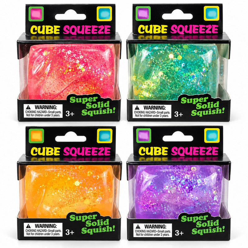 Cube Squeeze glitter squishy toy in individually packaged pink teal green orange and purple designs on white background