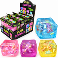 Cube Sugar Squishy Animals cube squeeze toys in assorted blue pink purple and yellow colours with miniature figures inside
