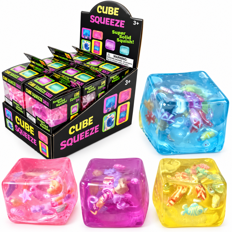 Cube Sugar Squishy Animals cube squeeze toys in assorted blue pink purple and yellow colours with miniature figures inside