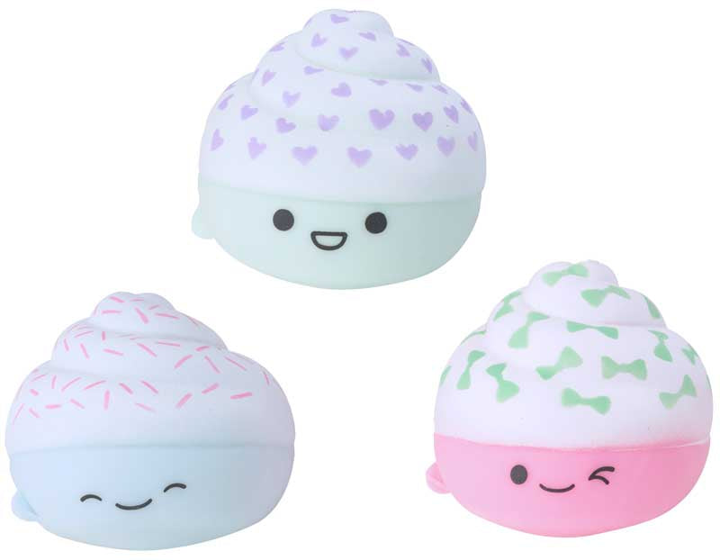 Cupcake Cuties assorted pastel cupcake squishy toys by Squish Meez, cute frosting details and sand-filled texture