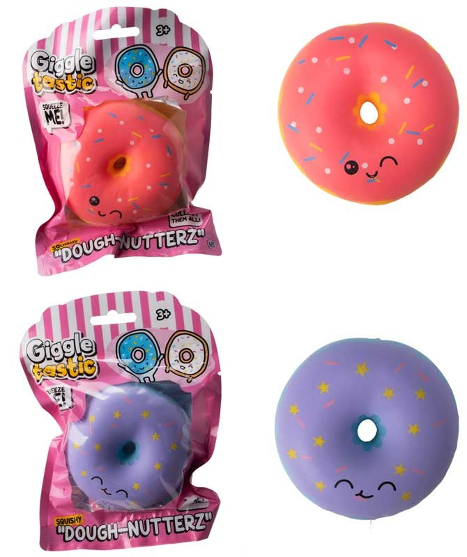 Dough-Nutterz individually packaged pink and purple squishy doughnuts with smiley faces
