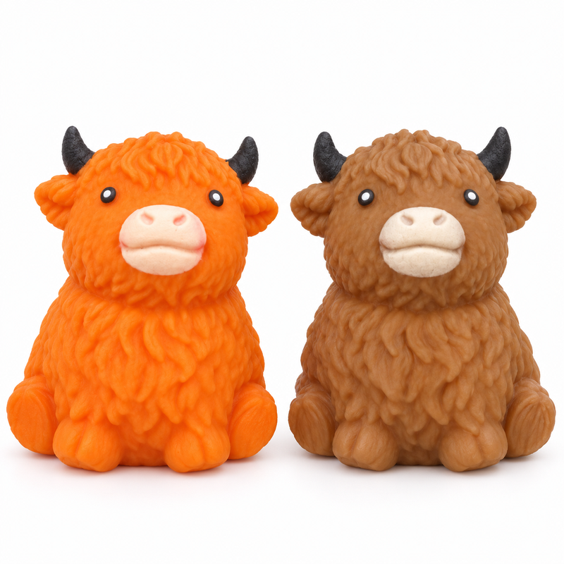 Orange and brown Highland cow squishy toys, one assorted colour supplied per order