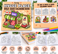 Illustrative promotional collage for Hygge Place colouring book; sample interior views are mockups