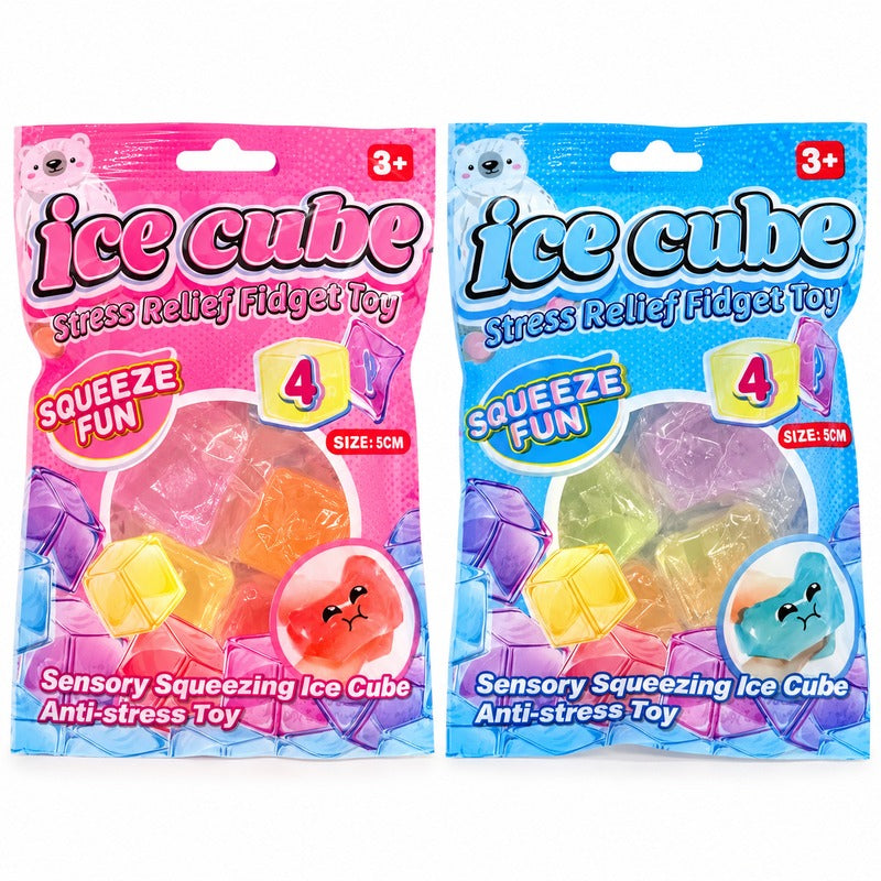 Ice Cube stress relief fidget toy four mini squishy cubes per packet, pink and blue retail packaging