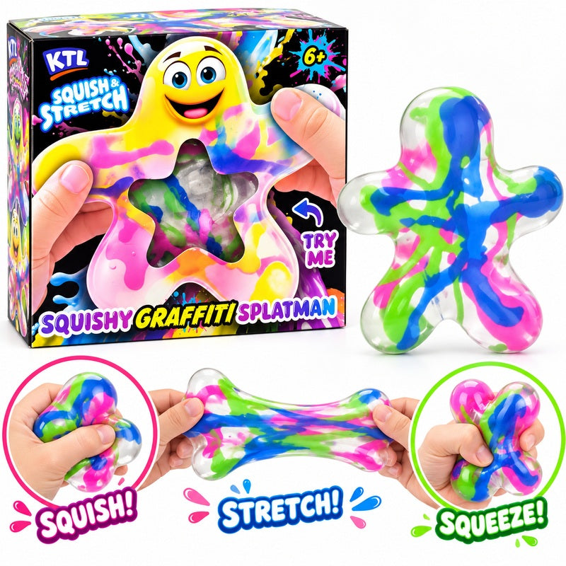 KTL Squish & Stretch Graffiti Splatman in rainbow graffiti colours, product box and demonstrations of stretching, squishing and squeezing; one toy supplied