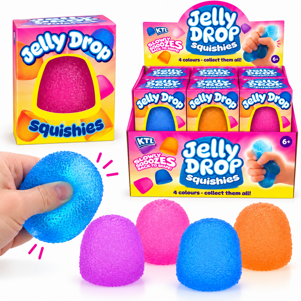 KTL Jelly Drop Squishies display, boxed Jelly Drop sugar squishies and four assorted colours pink purple blue orange