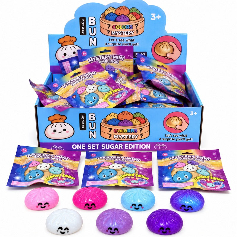 Mystery Mini Dumplings Sugar Edition Squishy Bun 6.5cm, original photo showing seven coloured mystery dumplings, sealed blind bags and shop display – one random bag per purchase