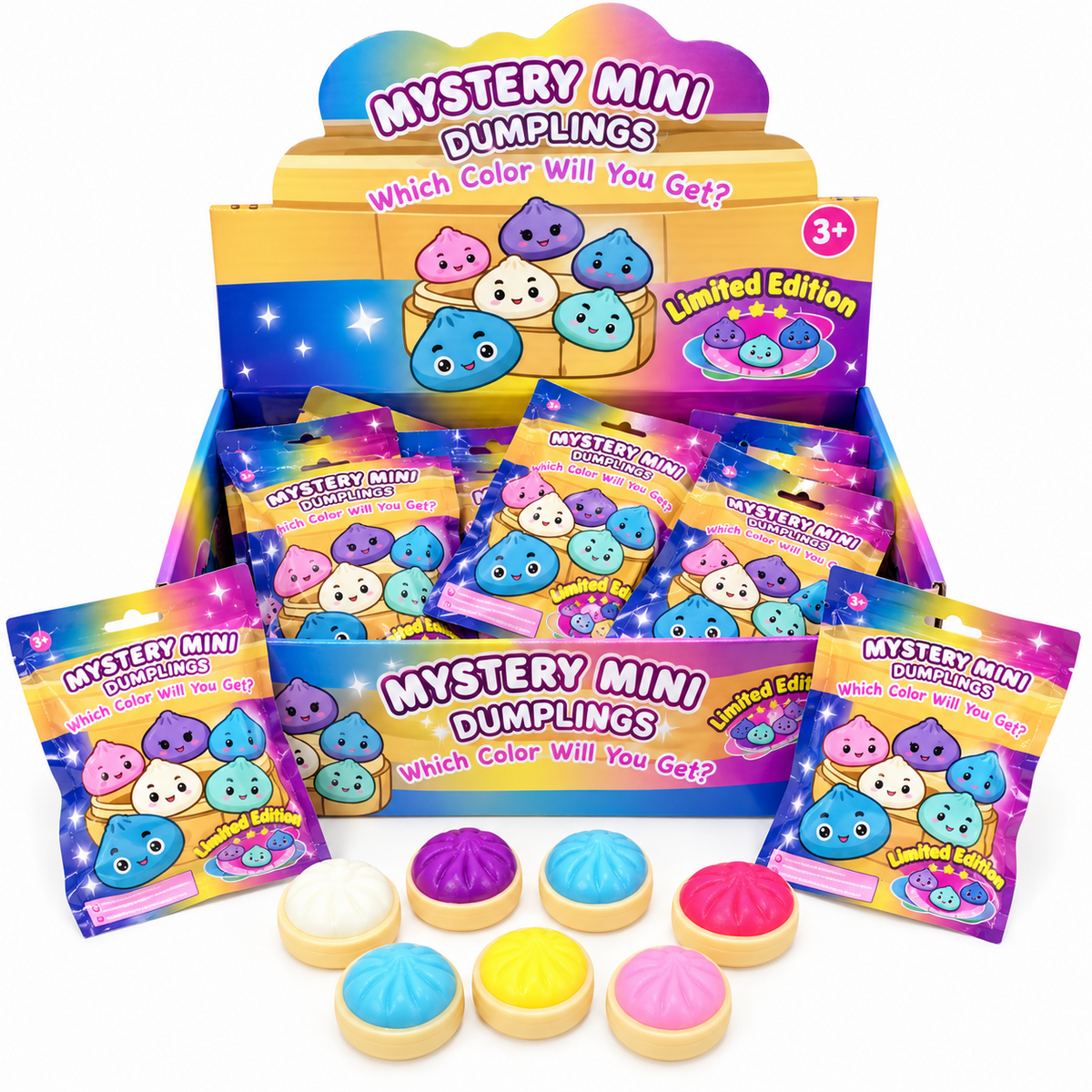 Mystery Mini Dumplings display with blind bags and assorted colourful dumplings