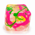 Neon Swirl Jelly Cube transparent squishy cube with pink green and yellow swirls on white background