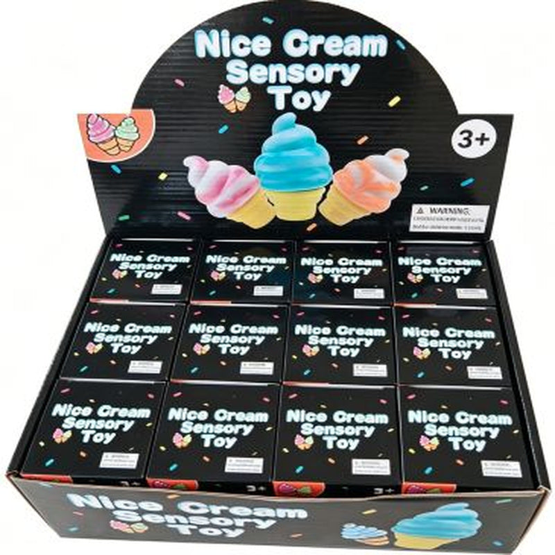 Nice Cream Sensory Toy original product display and individual boxes showing colourful swirled ice cream squishy designs; one toy supplied in a random design