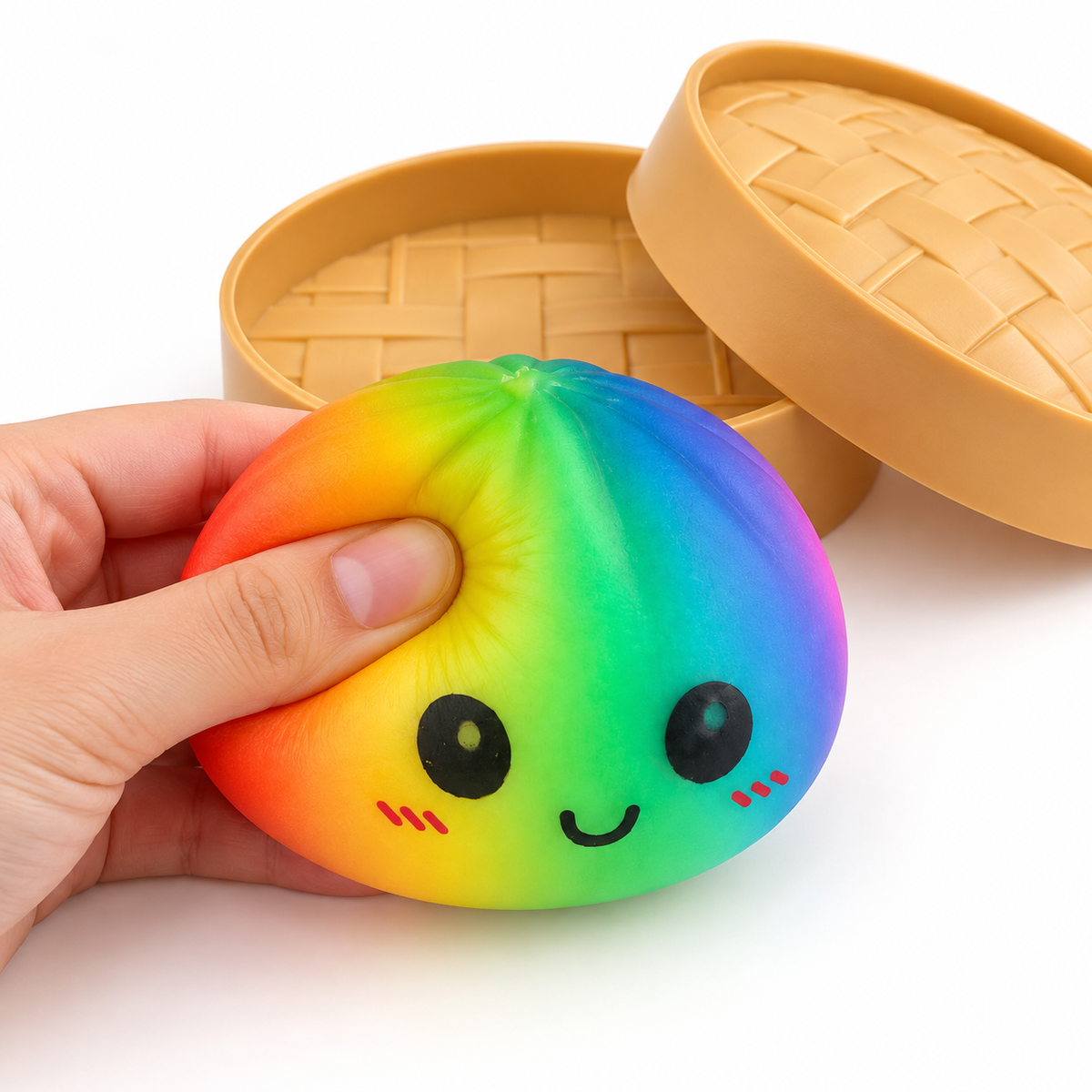 Rainbow dumpling squishy being squeezed beside steamer basket