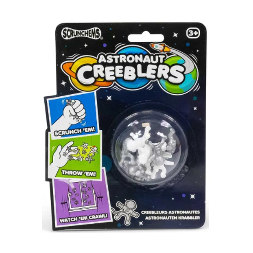 Scrunchems Astronaut Creeblers pack of tiny white and silver sensory wall crawling astronaut figures