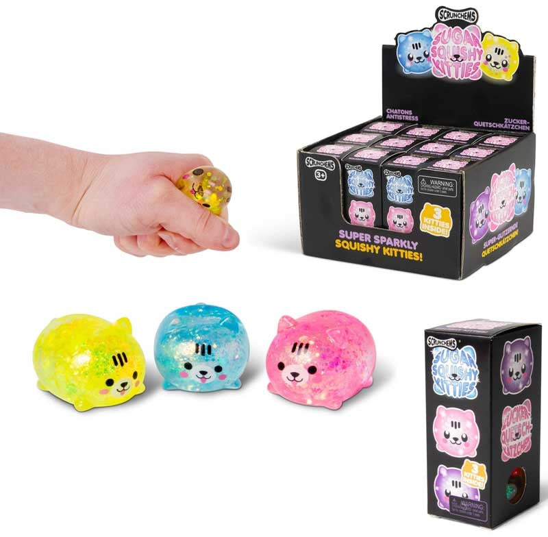 Scrunchems mini kawaii glitter cat squishy toys - assorted three-pack details