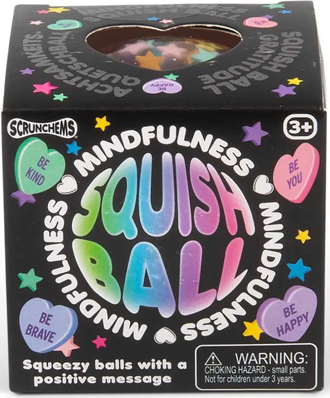 Scrunchems Mindfulness Ball assorted 6cm gel squishy toy with colourful confetti and heart-shaped kindness messages