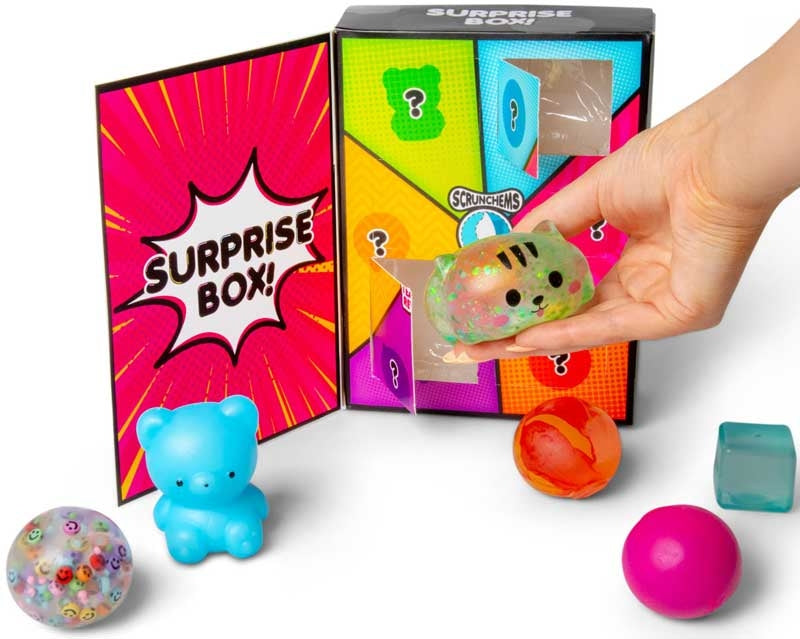 Scrunchems Surprise Box 6 squishy surprises including bear cat sugar cube and sensory balls