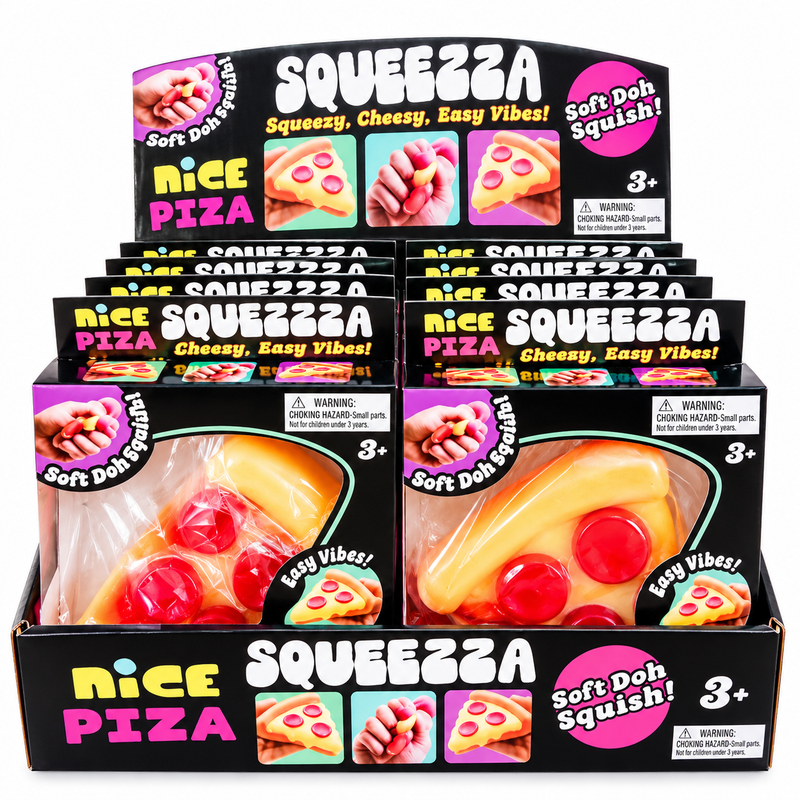 Squeezzza Nice Pizza soft dough squishy pizza slice toy and retail packaging display