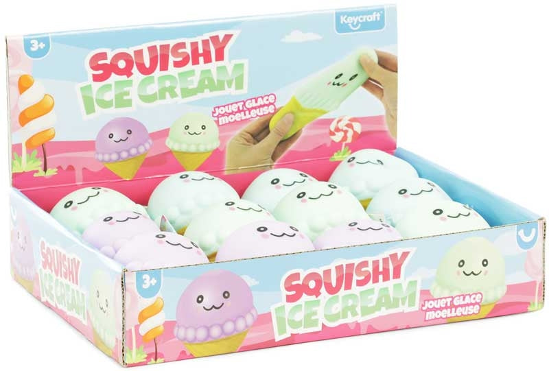 Keycraft Squishy Ice Cream Sensory Toy NV747 in pastel blue, mint green and purple - sand-filled ice cream cones with cute faces