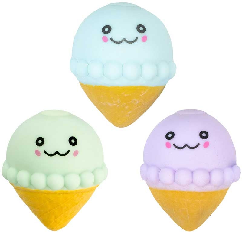 Pastel mint green squishy ice cream sensory toy with a smiling face and yellow waffle-style cone