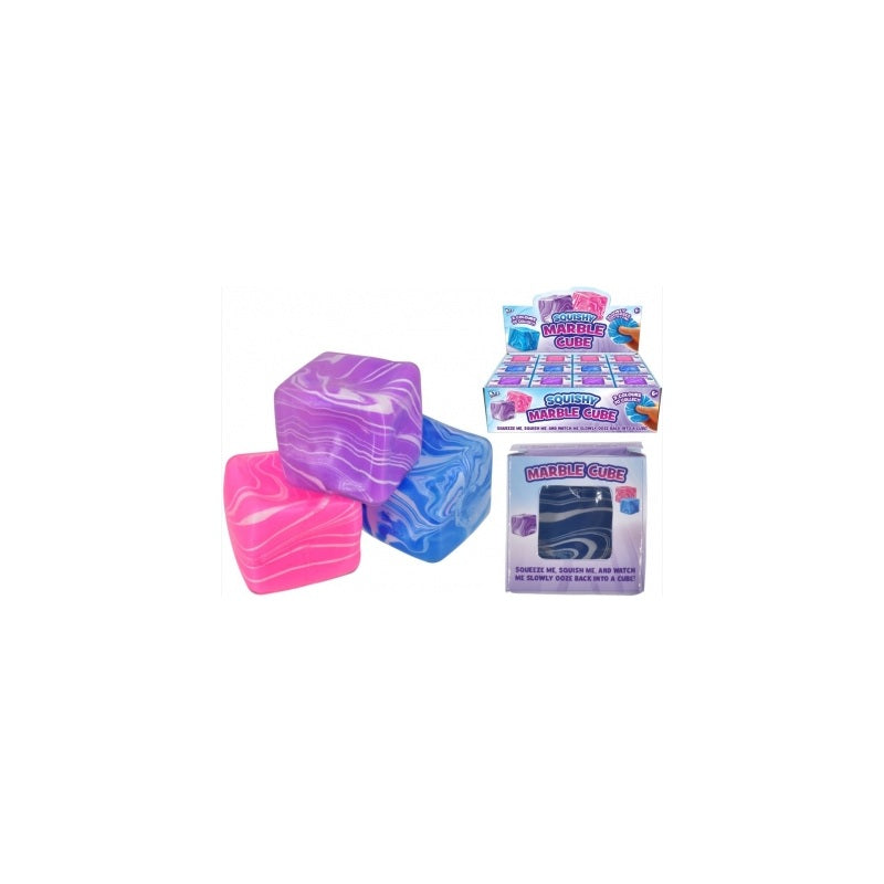 Squishy Marble Cube marbled sensory fidget toy in assorted pink, purple and blue colours, original product packaging and display, one cube per purchase