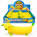 Yellow and green Squishy Stretchy Banana Dog sensory squeeze toy with display packaging