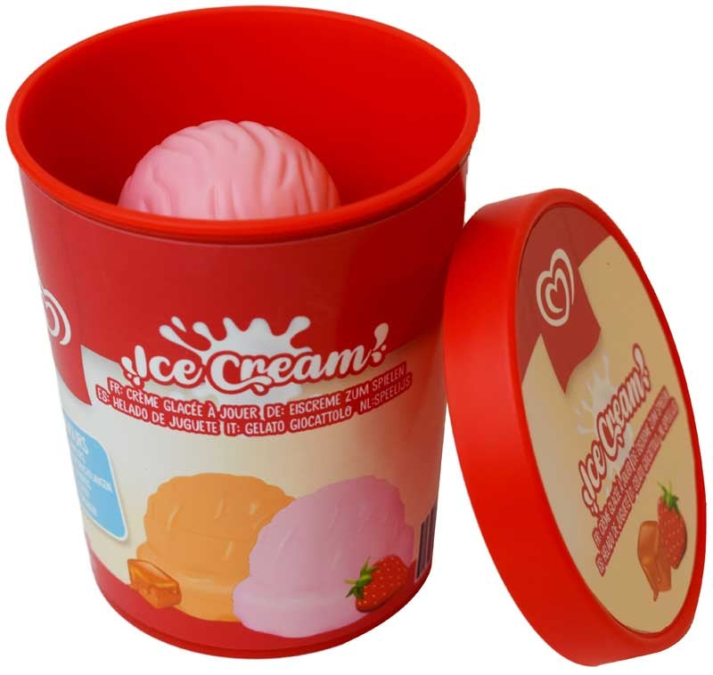 Wall's toy ice cream tub with lid and stackable pretend strawberry caramel scoops