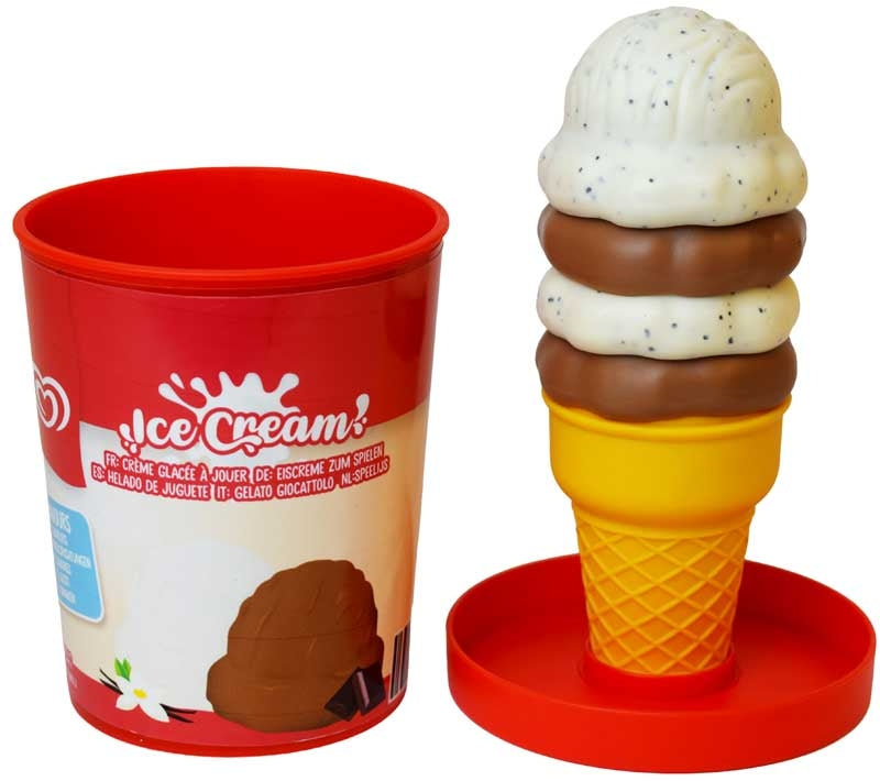 Casdon Wall's ice cream toy tub with lid and stackable vanilla and chocolate play food scoops